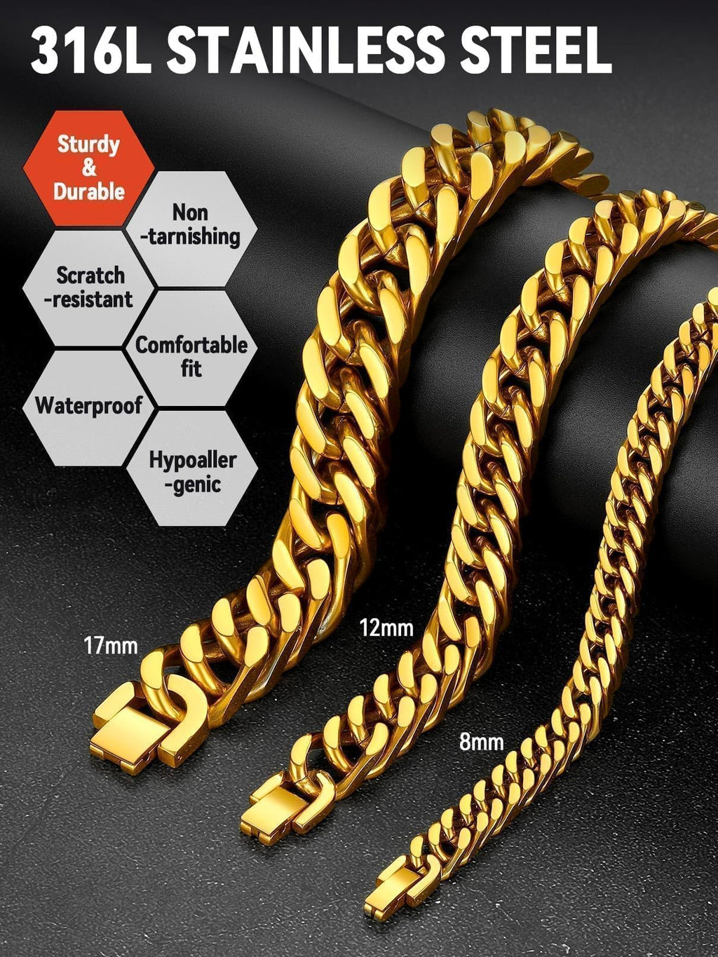 FaithHeart Gold Stainless Steel Cuban Link Bracelet for Men