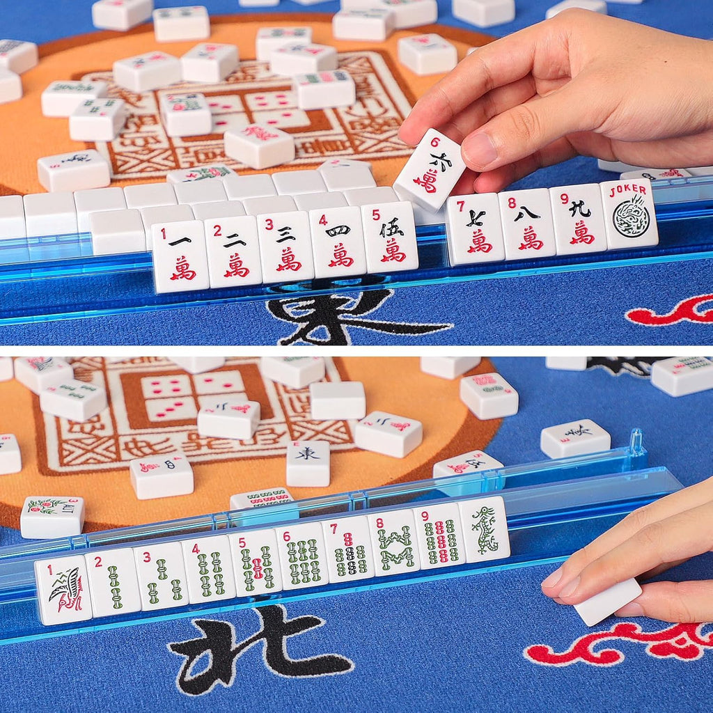 GUSTARIA American Mahjong Game Set, 166 Premium White Tiles, 4 All-in-One Color Rack/Pushers, Complete Mahjong Set Blue Carrying Bag