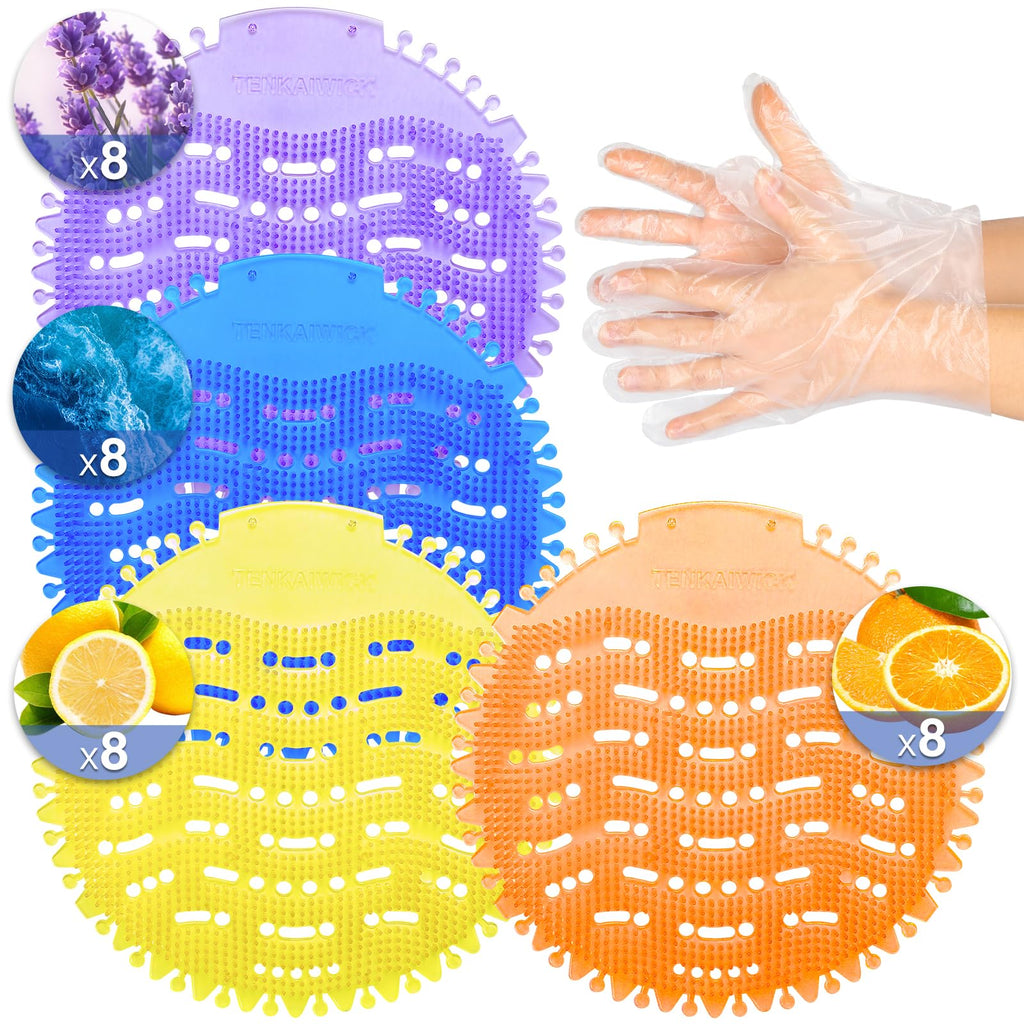32 PACK Urinal Deodorizer Screen with 100 Gloves-3D Wave Anti-Splash Odor Protection Urinal Cakes for Men Toilets, Four Scents Urinal Mats