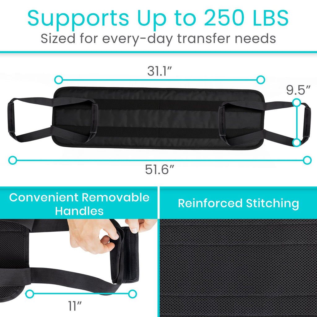 Vive Standard Transfer Sling (31.5 Inch) - Gait Belt for Elderly & Disabled - Patient Lifting Aid for Seniors & Injured - Bed & Wheelchair Transfer for Home Use (Black)