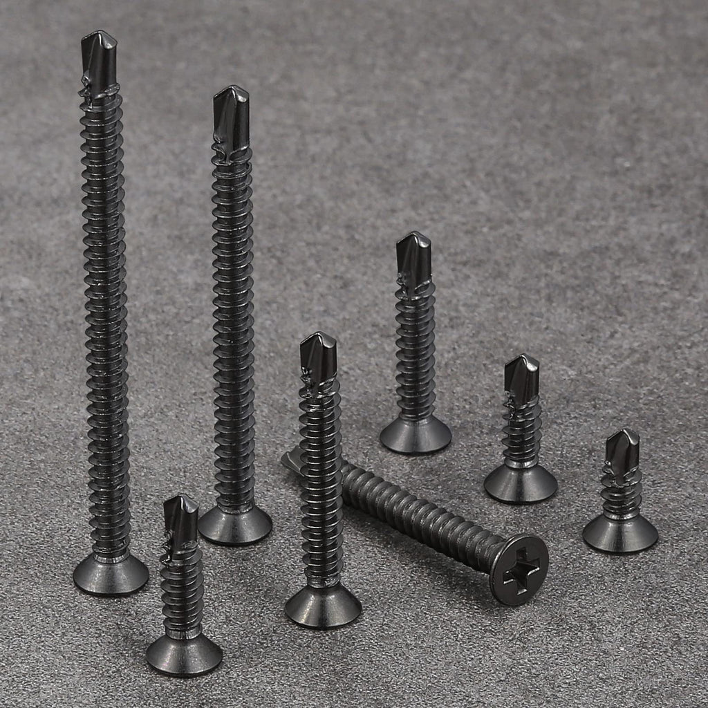Wensilon（500pcs）#8×5/8”for Sheet Metal Self-Tapping Screws 410 Black Stainless Steel Flat Head High-Strength Quick self-Drilling Screws