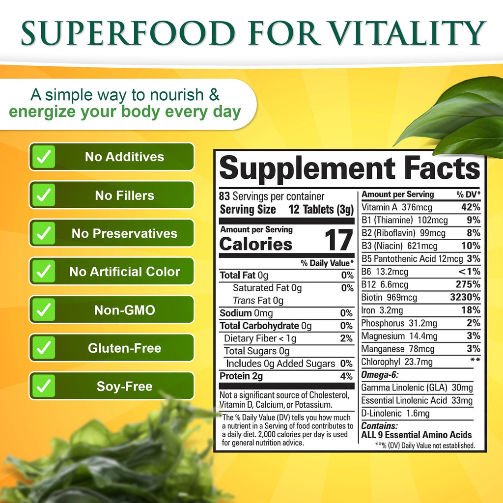 Sunlit Best - USDA Organic Spirulina Tablet - Natural Super Greens Supplements for Immune Support, Gut Health & Boost Energy Tablets with Chlorophyll, Vegan & High Protein Non GMO, 1000 Superfood Tabs