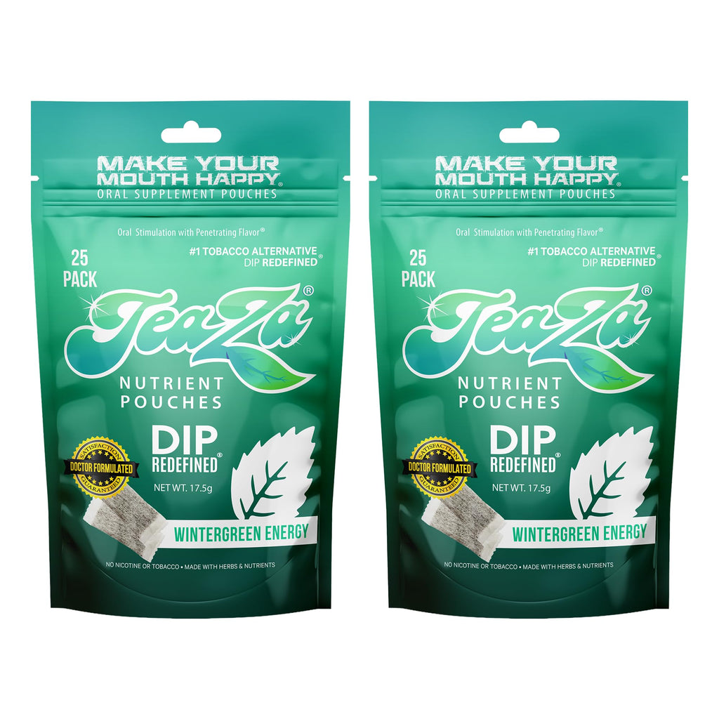 Teaza Herbal Energy Pouches Tobacco Alternative Nicotine Free Dip, Alternative Snuff Healthy Dip Pouches, Wintergreen Energy (2 Pack)