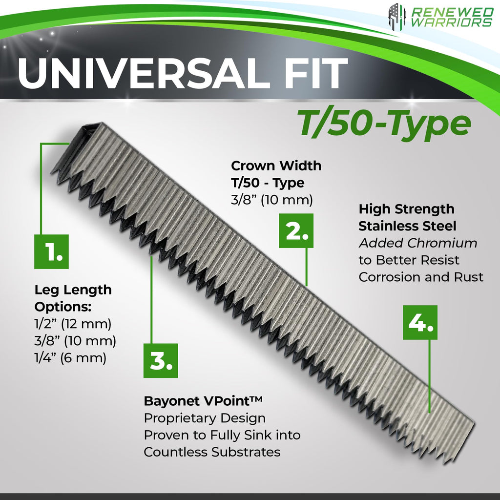 T50 Stainless Steel Staples Marine; T/50 Type (3/8" in Leg; 3/8" Crown) T-50 Staples - (10) 500 Packs or 5000