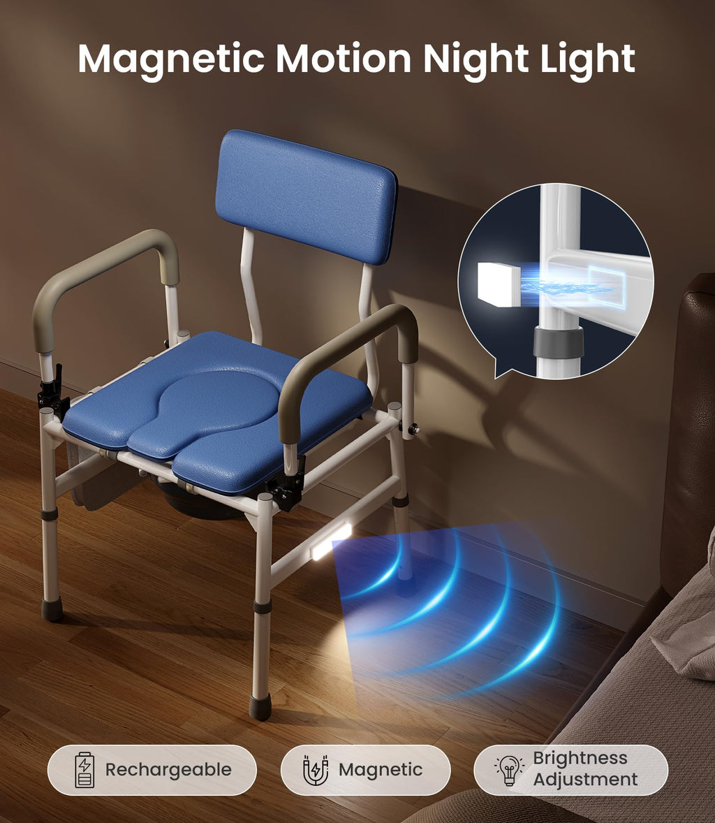 VOCIC Drop Arm Bedside Commode with Night Light, Extra Wide Adjustable, 400 lbs Padded Seat Portable Potty, 6.3QT Bucket, Heavy Duty Steel Commode Over Toilet Chair for Seniors, YR11