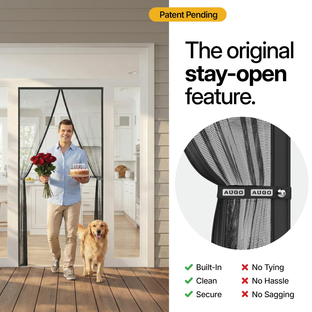 AUGO Heavy Duty Magnetic Screen Door – Fiberglass Pet Resistant Mesh, Self Sealing Hands Free Magnetic Closure, Tear Resistant Door Screen Keeps Bugs Out, Patent Pending Keep Open Feature – 38” x 83”