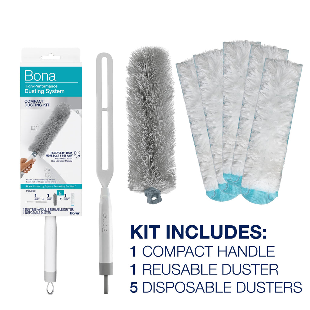 Bona High Performance Dusting System - 1 Compact Handle, 5 Disposable Dusters, & 1 Reusable Duster - Compact Dusting Kit Removes Dust & Pet Hair
