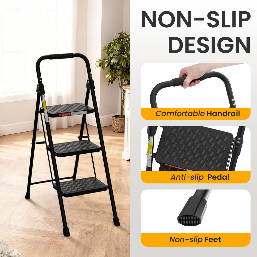 HBTower 3 Step Ladder, Folding Step Stool with Wide Anti-Slip Pedal, Step Stool Foldable with Cushioned Handle for Home and Kitchen, Black