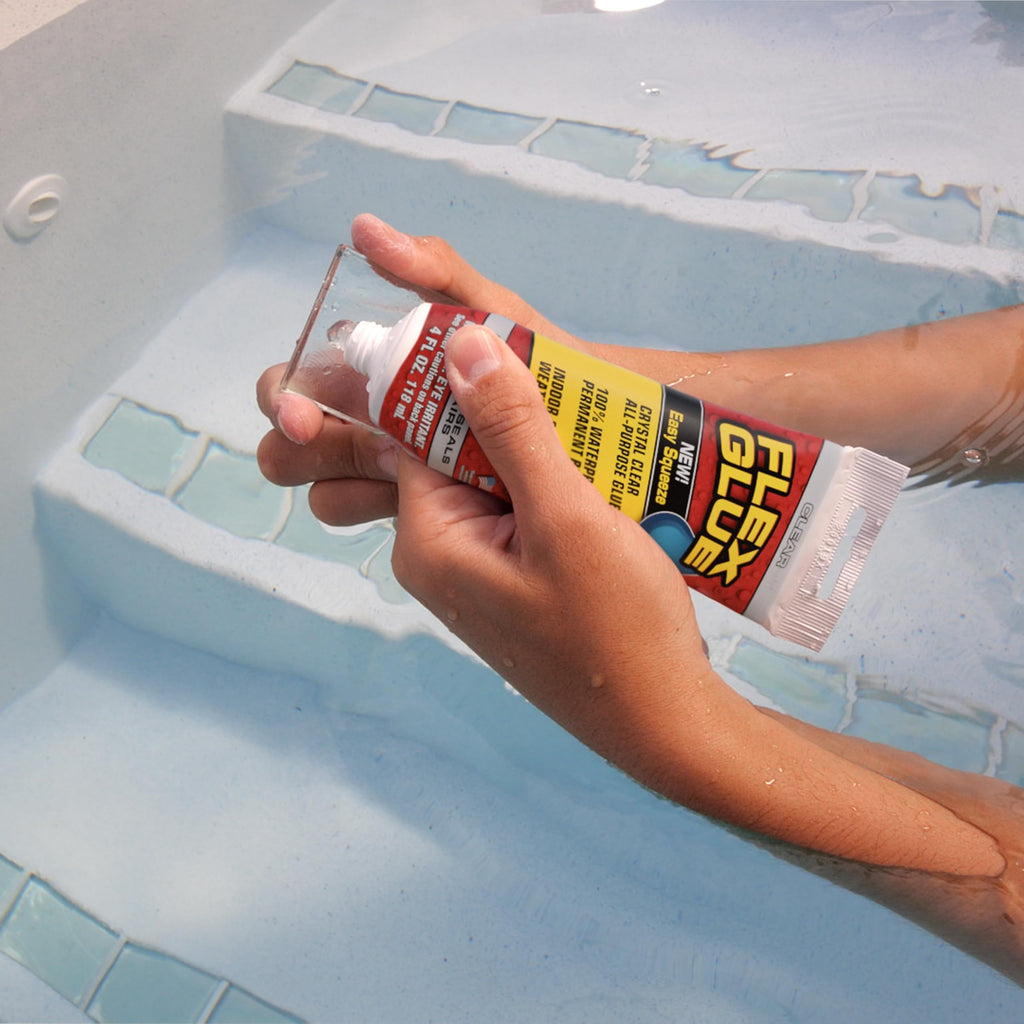 Flex Glue, Super Strong, Transparent, Rubberized Waterproof Adhesive, Works Underwater, Use on Pools, Showers, Outdoors, Concrete, Brick, Pavers, UV Resistant, 4 oz Squeeze Tube, Clear, 1-Pack