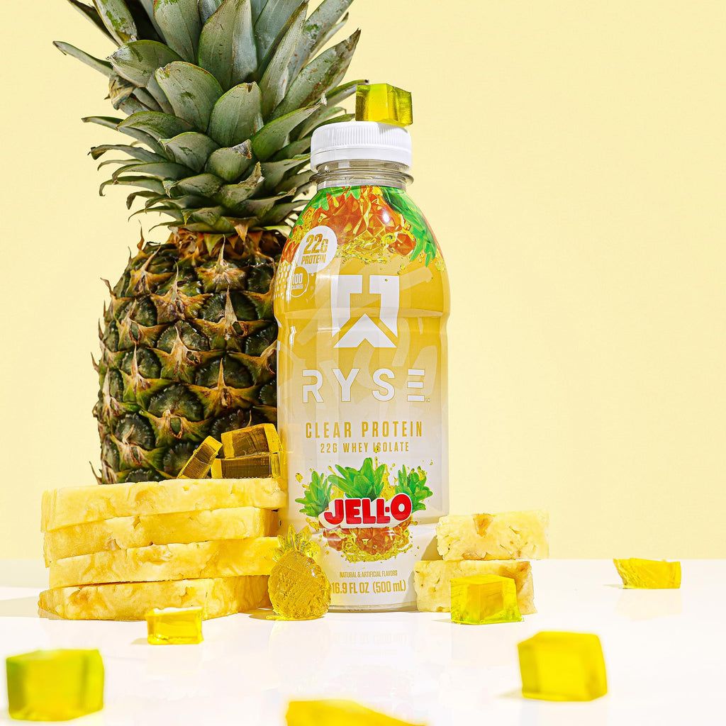 RYSE Clear Protein Drink - Jell-O Island Pineapple - 100 Calories, 22g Whey Isolate Protein Shake, Sugar-Free, 0g Fat & Lactose-Free - Refreshing Ready-to-Drink Beverage - 16.9 fl oz Bottles (12-Pack)