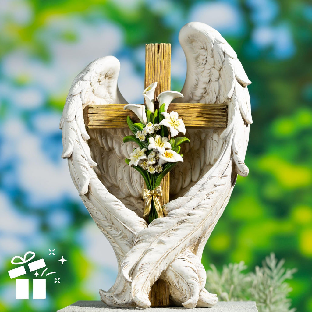 ShineOnAngel 12" Angel Wings Embracing Cross and Calla Lily Garden Statue Memorial Statue