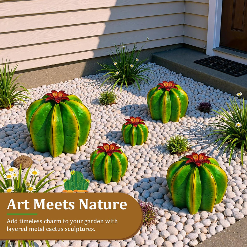 inihpocv 4-Piece Metal Barrel Cactus Yard Art Set