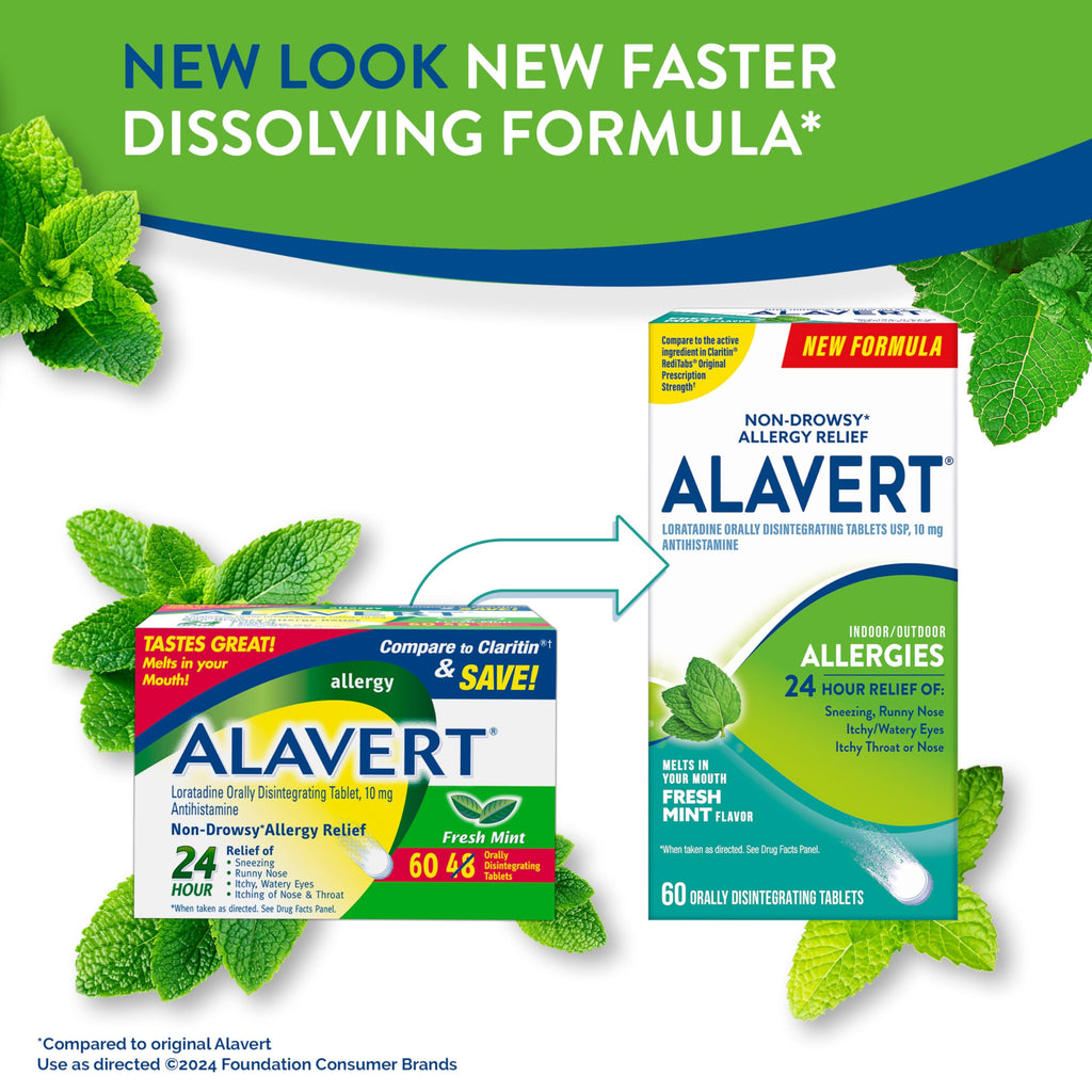 Alavert 24 Hour Allergy Relief Tablets, Non-Drowsy Antihistamine, Orally Disintegrating Allergy Tablets, Loratadine 10 mg, Fresh Mint Flavor, 60 Count