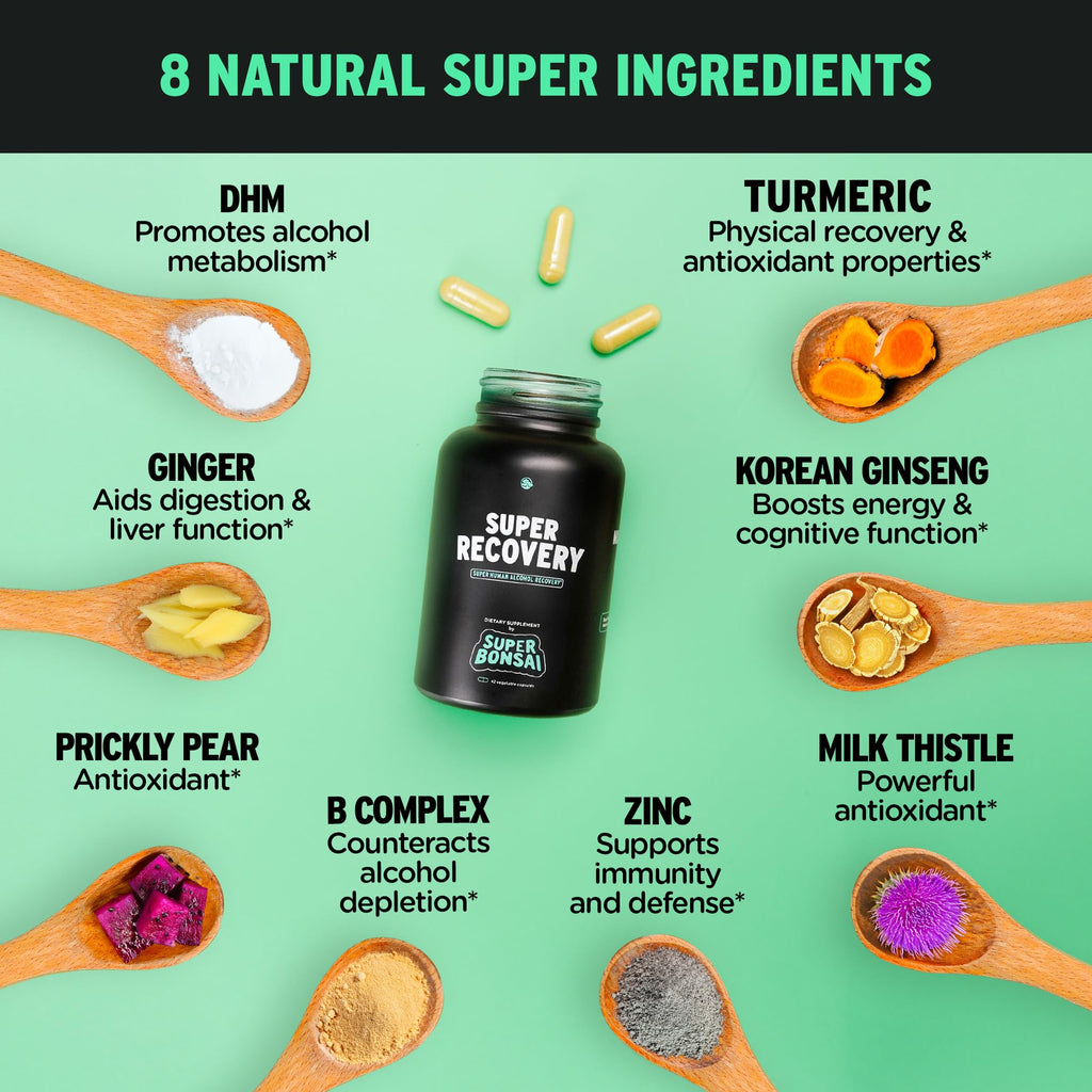 SuperBonsai Super Recovery Capsules for Post Celebration and Morning Relief - All Natural Holistic Support - 3 Capsules Taken Before Drinking and an Optional Serving After (28 Servings)