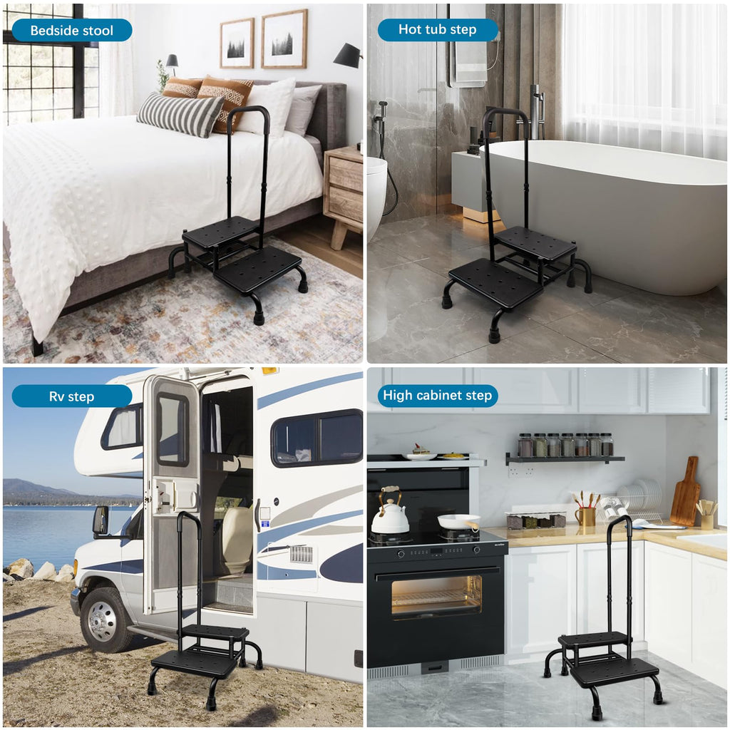 Gyykzz 2 Step Stool with Handle, Upgrade Heavy Duty Stepping Stool with 5 Legs, Step Stool for High Beds with Adjustable Handle and Non-Slip Platform for High Beds/Bathtub/Kitchen