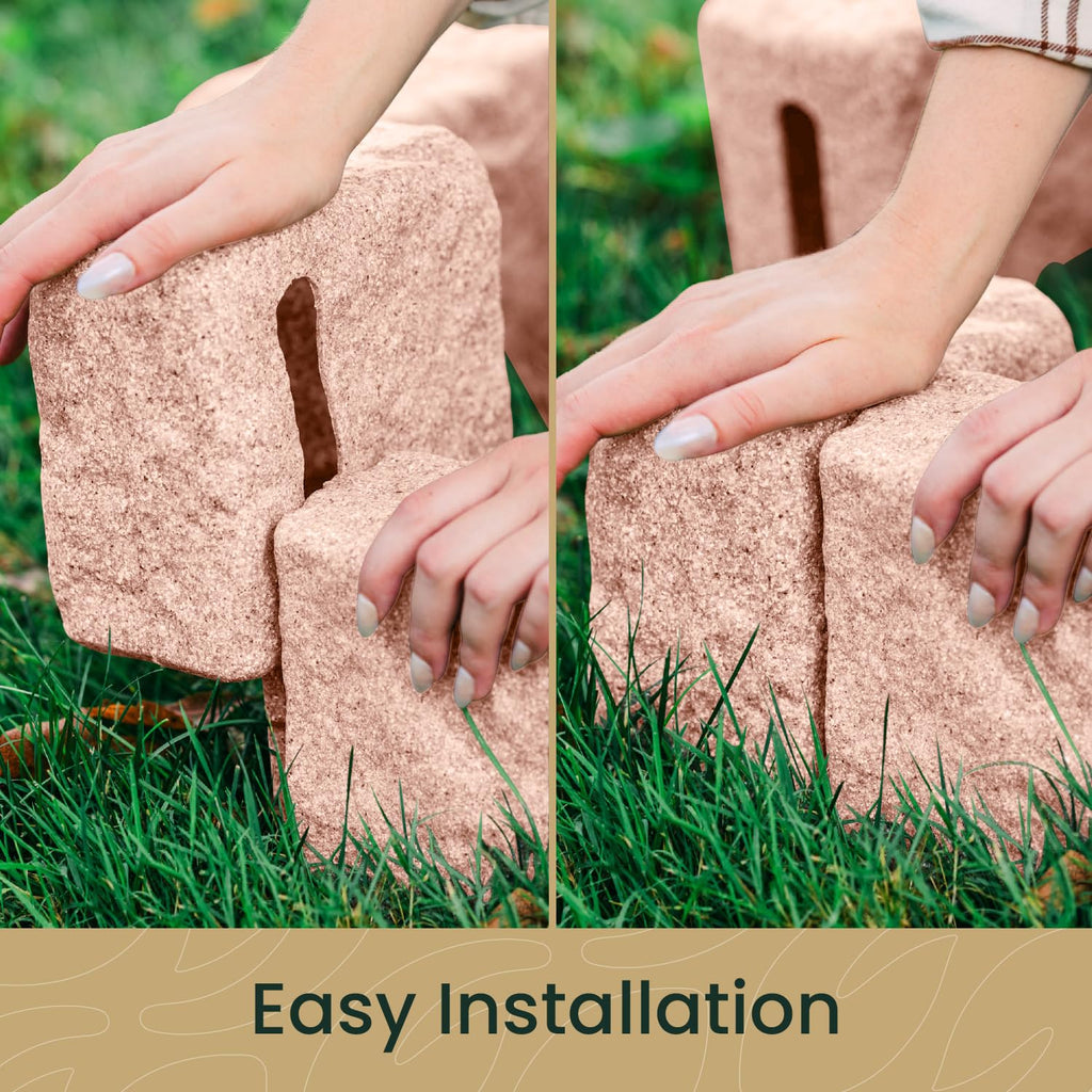 Beuta Landscape Edging | Garden Edging Border | Polyrock Blocks for Lawn Edging, Flower Beds & Yard Edging – 10 Pack | Each Section Has 6 Blocks 48" L x 4" W x 6.5" H | 20 Spikes | Sandstone