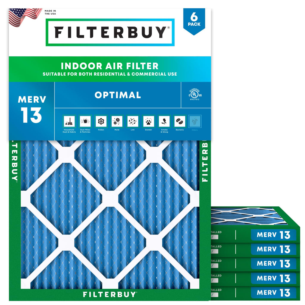 Filterbuy 8x14x1 Air Filter MERV 13 Optimal Smoke & Allergy Defense (6-Pack), Electrostatic Pleated HVAC AC Furnace Filters Replacement, Made in USA (Actual Size: 7.50 x 13.50 x 0.75)