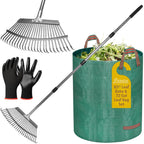 Jesosia Garden Rake for Leaves with Leaf Bag & Gloves - 65 Inch Adjustable 25 Tines Metal Rake Set with 72 Gallon Reusable Yard Waste Bags for Gardening Lawns Outdoor Camping Shrub Grass Bush