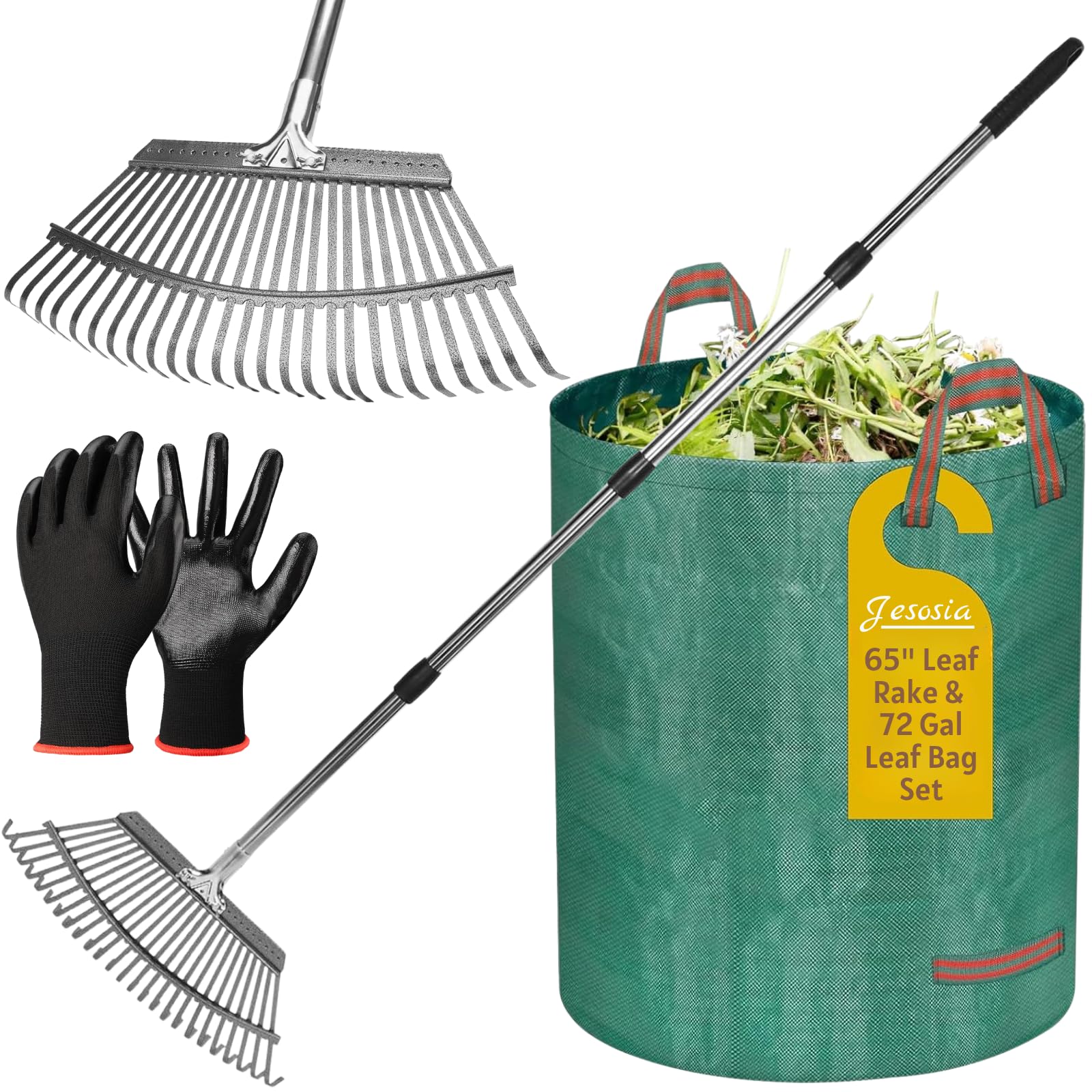 Jesosia Garden Rake for Leaves with Leaf Bag & Gloves - 65 Inch Adjustable 25 Tines Metal Rake Set with 72 Gallon Reusable Yard Waste Bags for Gardening Lawns Outdoor Camping Shrub Grass Bush