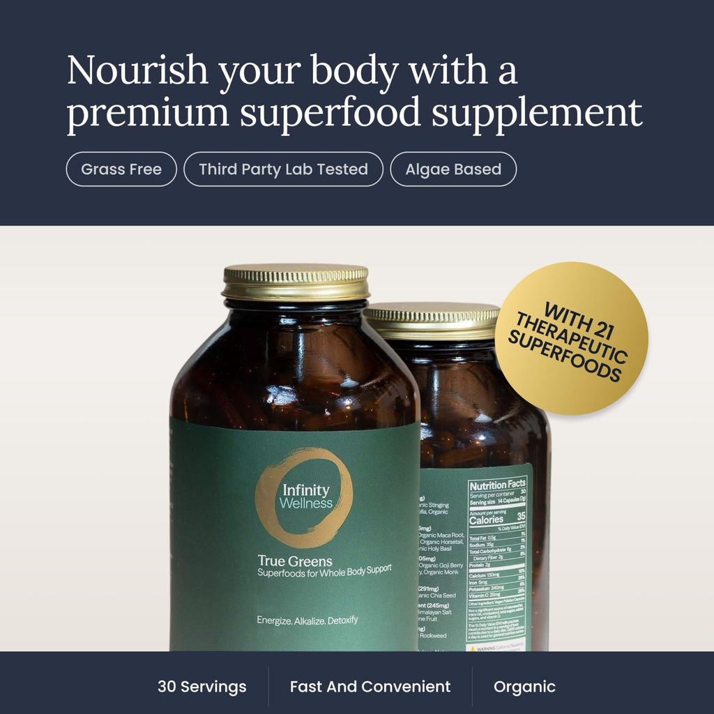 Infinity Greens Superfood Capsules, Blue Green Algae Based Capsules with 28 Organic Superfoods, No Fillers or Grasses, Energy & Longevity, Low Temp Dehydrated Greens (34 Servings)