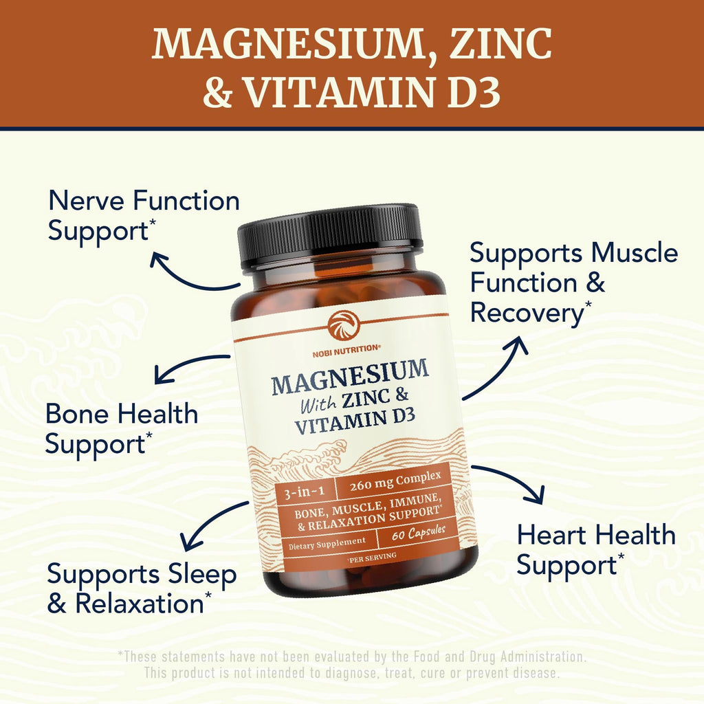 Magnesium Zinc & Vitamin D3 | 260MG Complex | High Absorption Mag Citrate, Glycinate & Malate | Muscle, Nerve Function & Bone Health Support | Zinc and Magnesium Supplement with VIT D3 | 60 Ct.