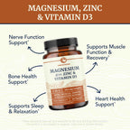 Magnesium Zinc & Vitamin D3 | 260MG Complex | High Absorption Mag Citrate, Glycinate & Malate | Muscle, Nerve Function & Bone Health Support | Zinc and Magnesium Supplement with VIT D3 | 60 Ct.