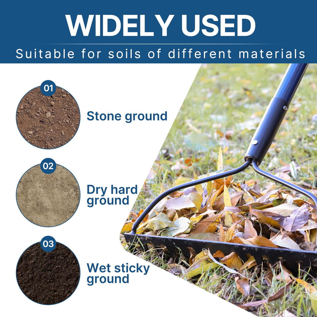WIKER Heavy Duty Steel Garden Rake, 57 Inch Fiberglass Long Handle with 14 Tempered Tines, One-Piece Non-Slip Yard Rake for Soil, Gravel, Leaves, Gardening & Landscaping