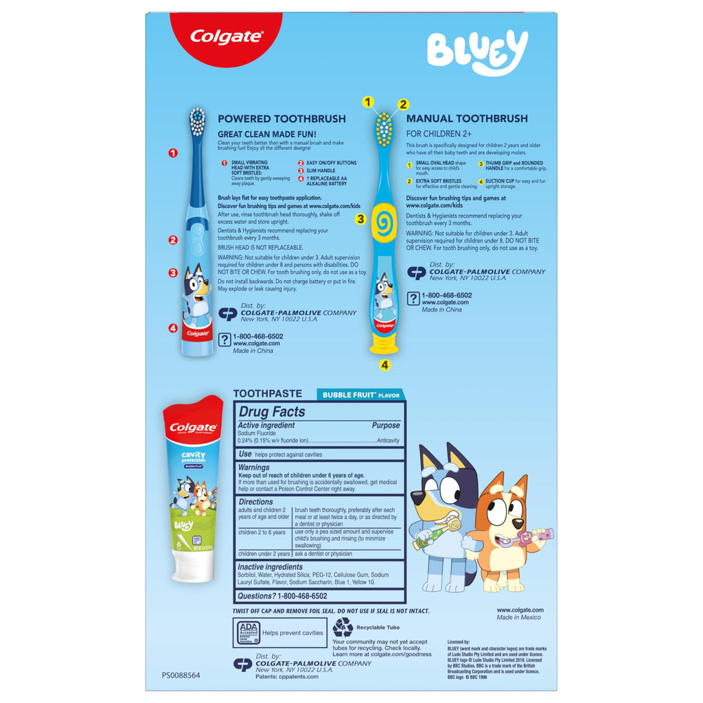 Colgate Kids Bluey Toothbrush and Kids Toothpaste Gift Set, Includes Bluey-Themed Battery Toothbrush, 2 Bubblegum Flavored Fluoride Toothpastes, and 2 Manual Toothbrushes
