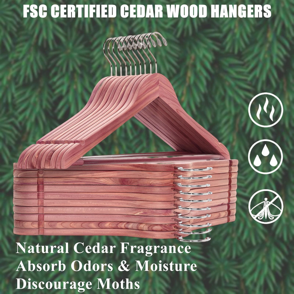 Amber Home 30 Pack American Red Cedar Hangers, Smooth Finish Wood Coat Hangers for Suit Shirt, Aromatic Cedar Clothes Hangers with Swivel Hook & Notches for Dress, Jacket, Pants