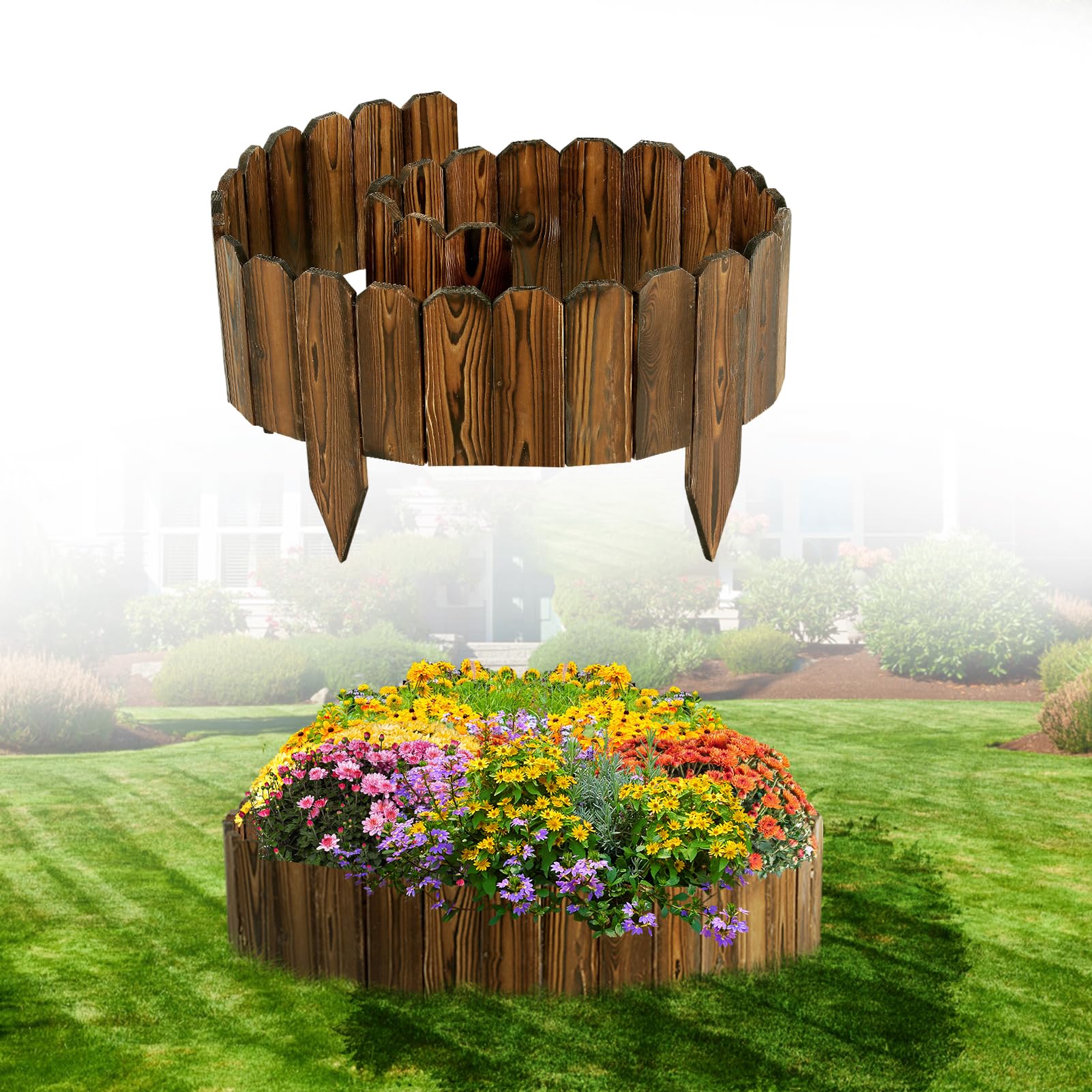 Wooden Garden Edging - 7.9ft x 8in Weather-Resistant Pine Landscape Border Fence for Outdoor Patio Lawns Yard Flower Beds Decoration