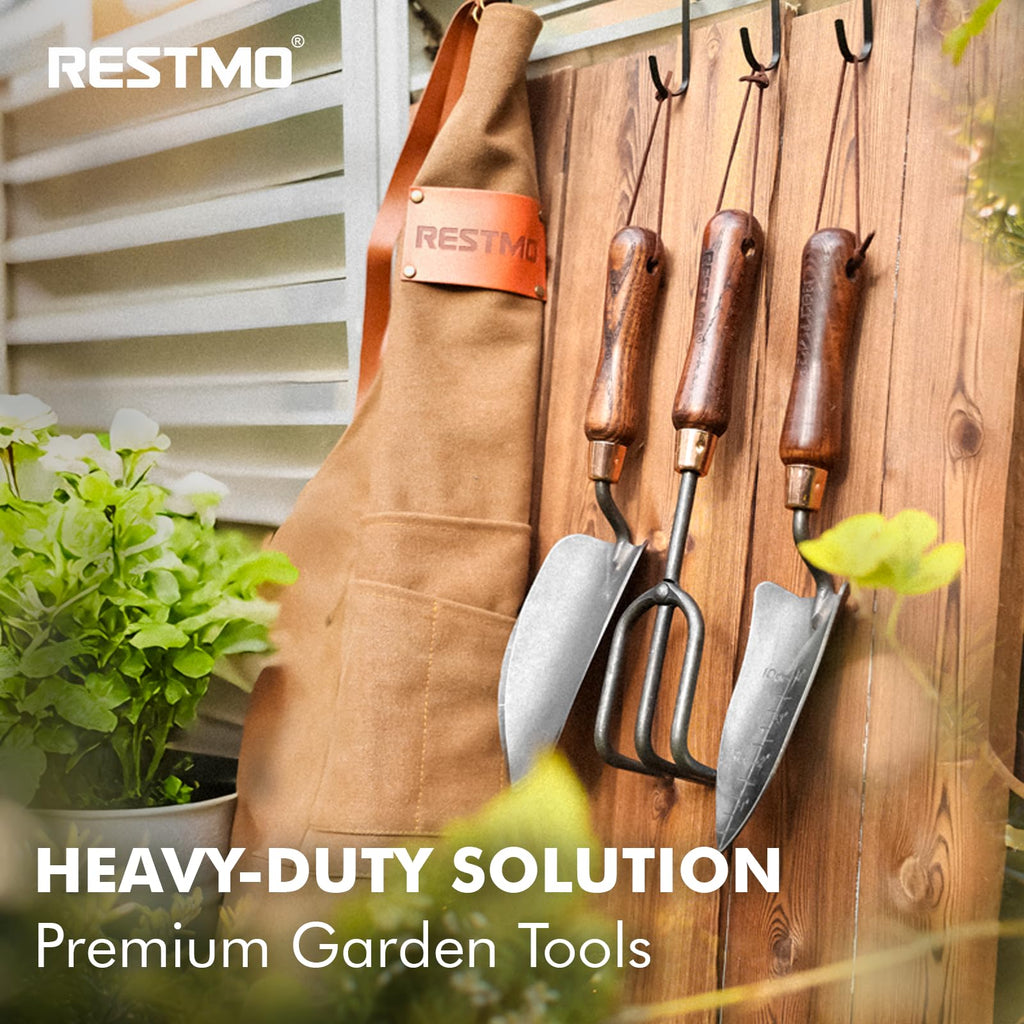 RESTMO Gardening Tools Set, 3-in-1, Carbon Steel, Wooden Handle, Brown