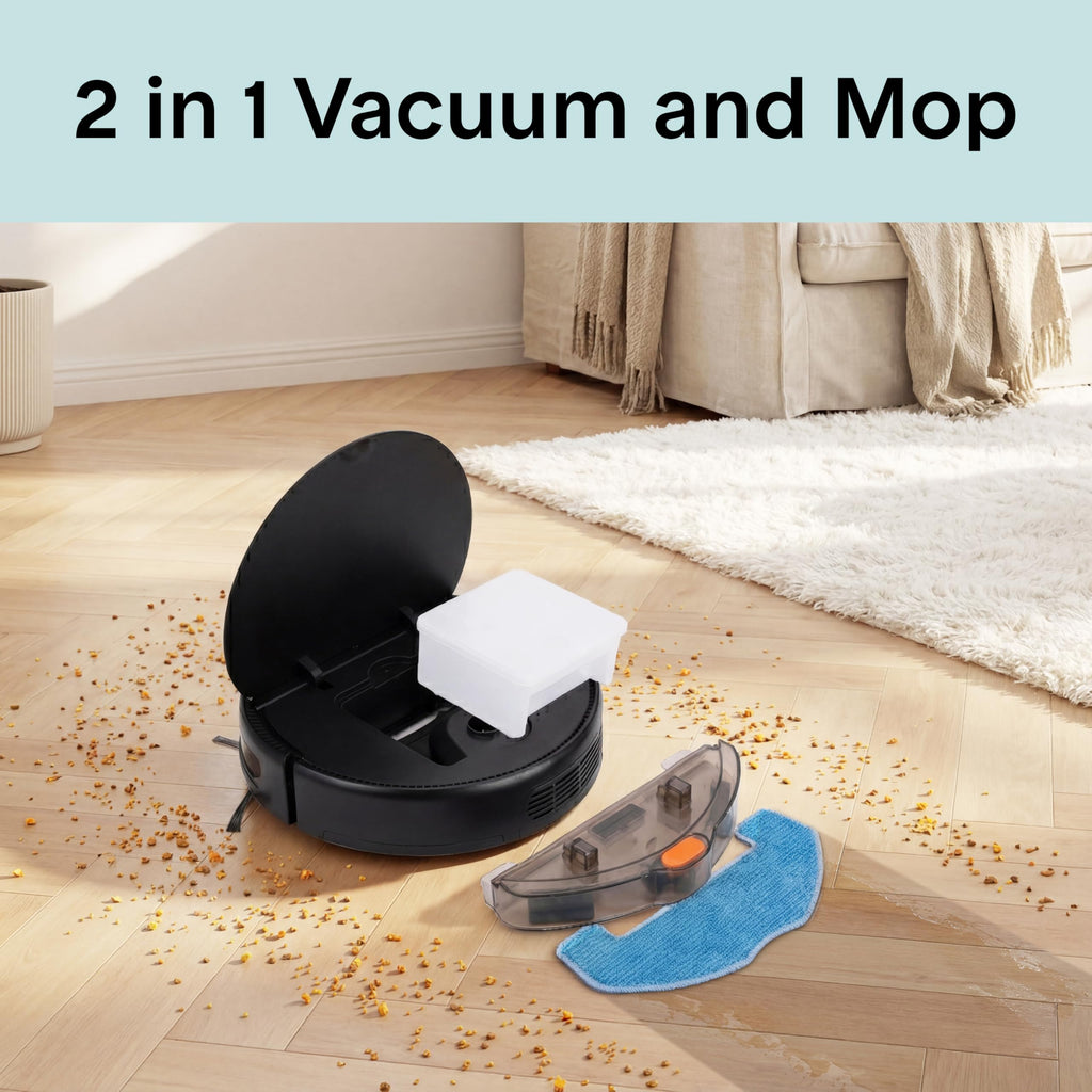 SereneLife Automatic Robot Vacuum Cleaner and Mop Combo, App Control, 3 Cleaning Modes, Smart Anti-Fall Sensors, Self-Charging, High Suction Ideal for Pet Hair, Carpet and Hard Floors, Black