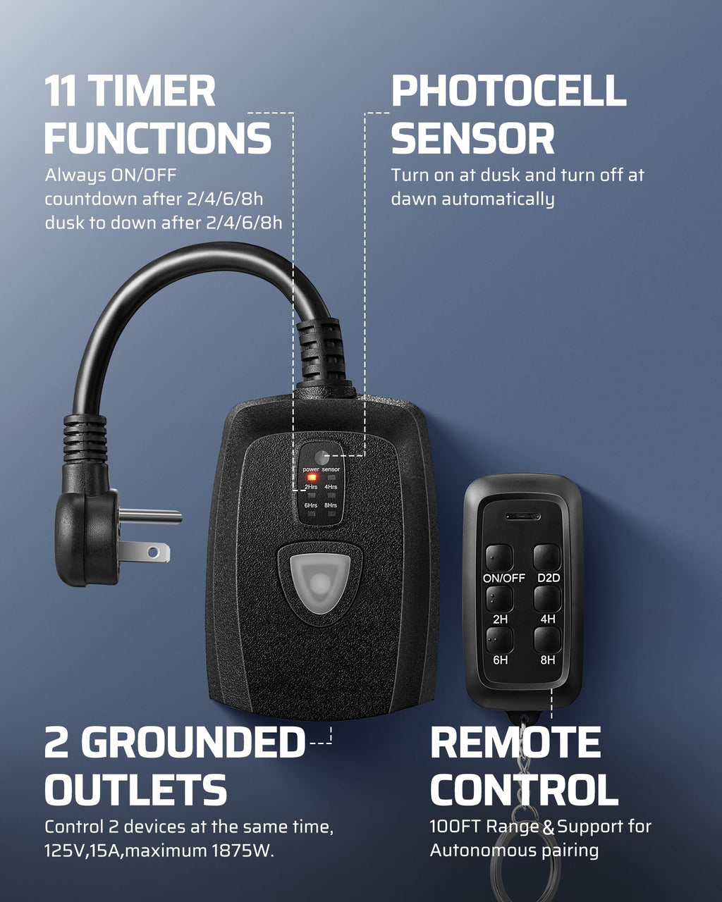 DEWENWILS Outdoor Timer Outlet Waterproof with 11 Modes, Outdoor Light Timer, 100FT Remote Control, for Outdoor Lights, Pump, Sprinkler, Fountain, Black