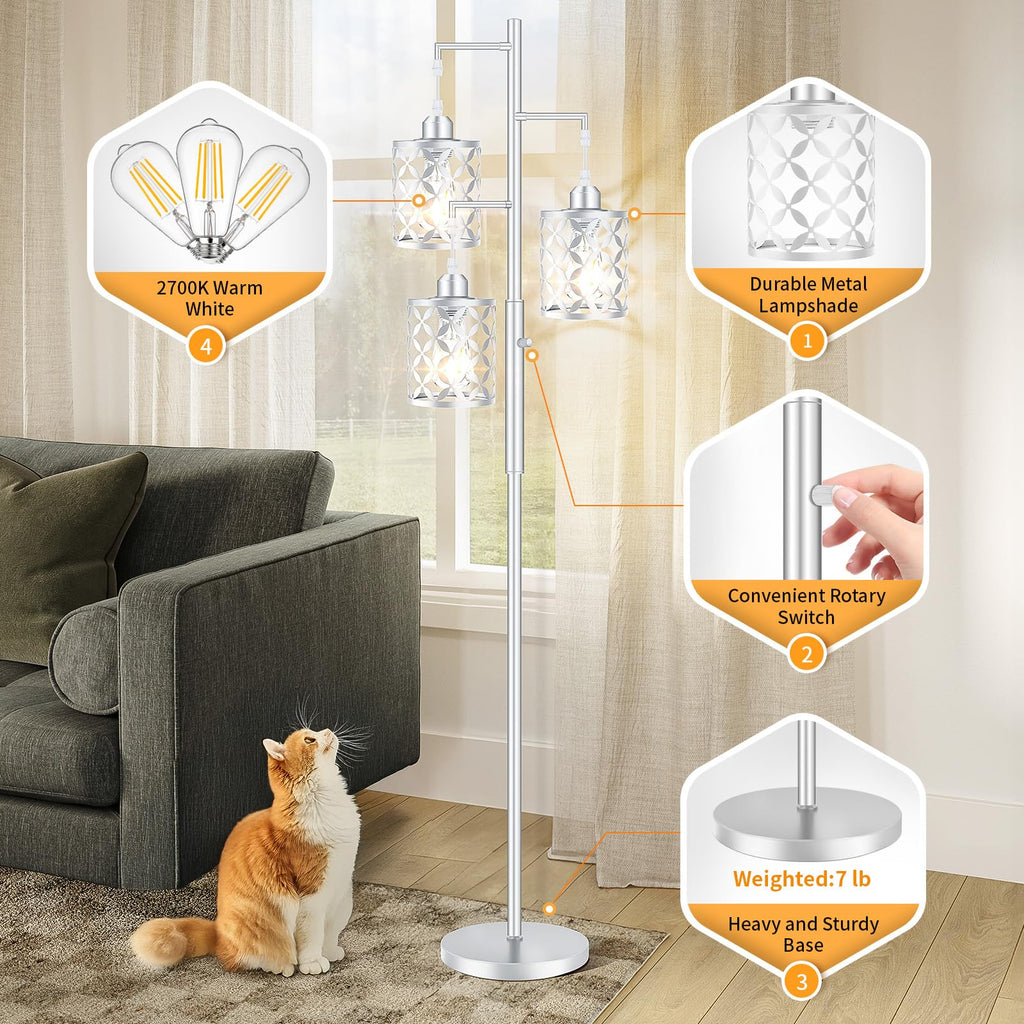 GHOOCEMLUX Dimmable Floor Lamp, Farmhouse Standing Lamp with Elegant Metal Cages, Industrial Tall Tree Floor Lamps for Living Room, Bedroom, Study Room, Office, 2000LM LED Bulbs Included -68", Silver