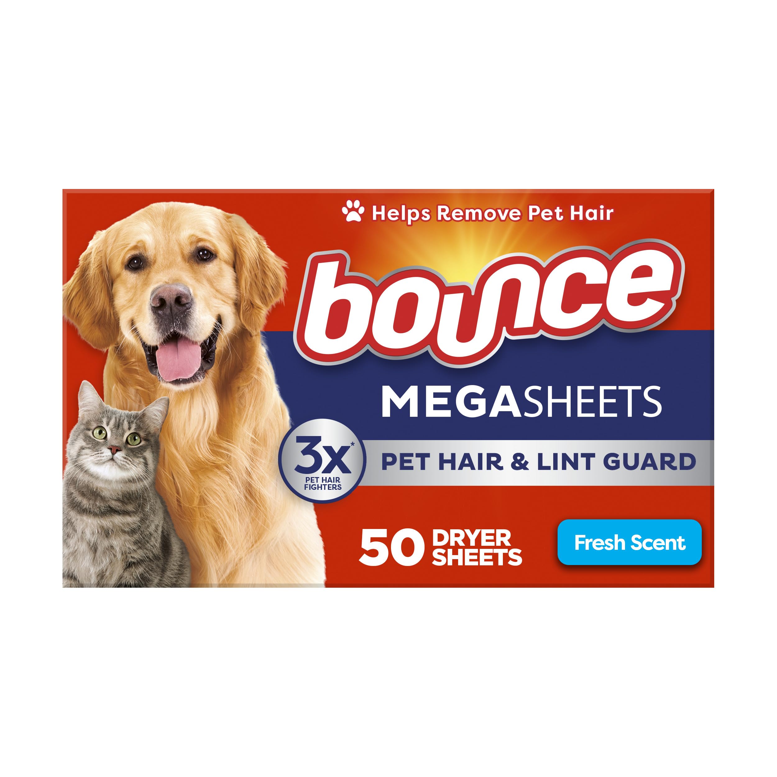 Bounce Dryer Sheets, Pet Hair and Lint Guard | Fresh Scent | Mega Size | 50 Count, Pack of 6