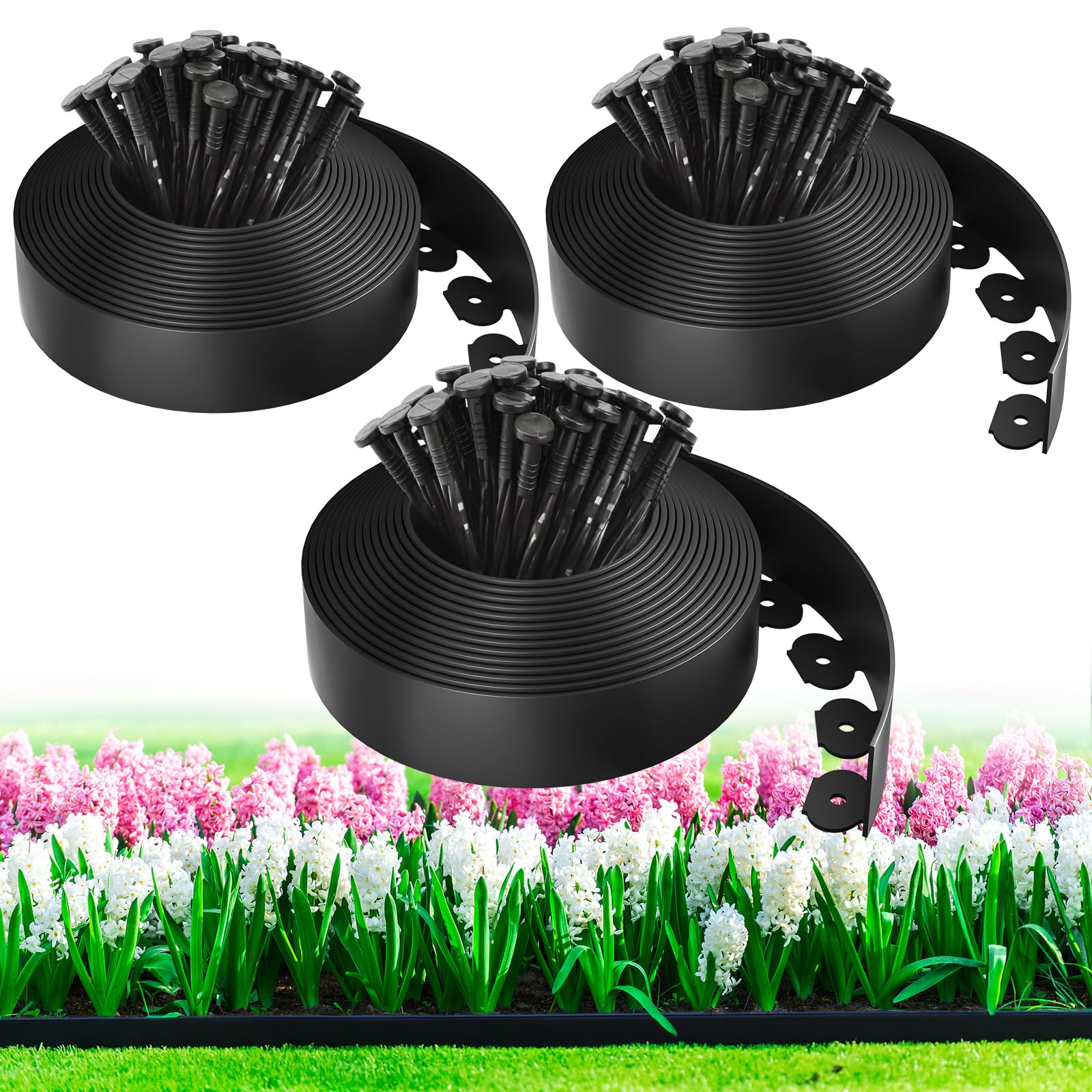 MIXC 100ft Landscape Edging Kit with 150 Spikes, Not Digging Flexible Plastic Edge Border for Landscaping, Lawn, Garden, Flower Beds, Yard, Paver, Playground, Pathway,3pack, 33ft Each,1.5in high