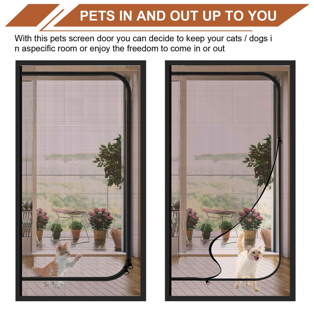 Upgraded Reinforced Pet Screen Door Thickened Cat Resistant Mesh Screen Door for Living Room, Bedroom, Patio, Dog Cat Scratch Proof Screen with Zipper Closure (Fits Door Size up to 36''x 82'', Black)