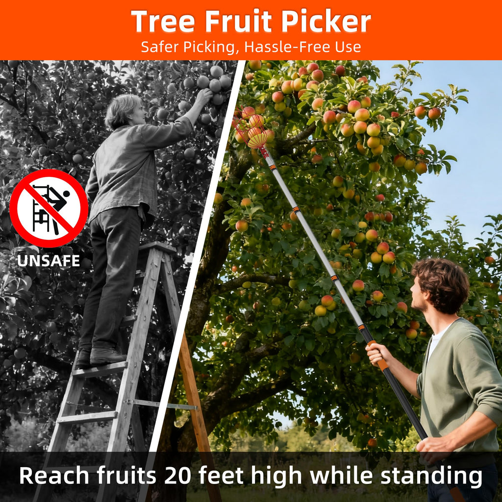 TONYINGO 30FT Reach Fruit Picker with Basket, Telescoping Aluminum Pole 5-24FT, Dual Flip-Lock & Screw Fixing Design for Apple Orange Mango Avocado Lemon Picking