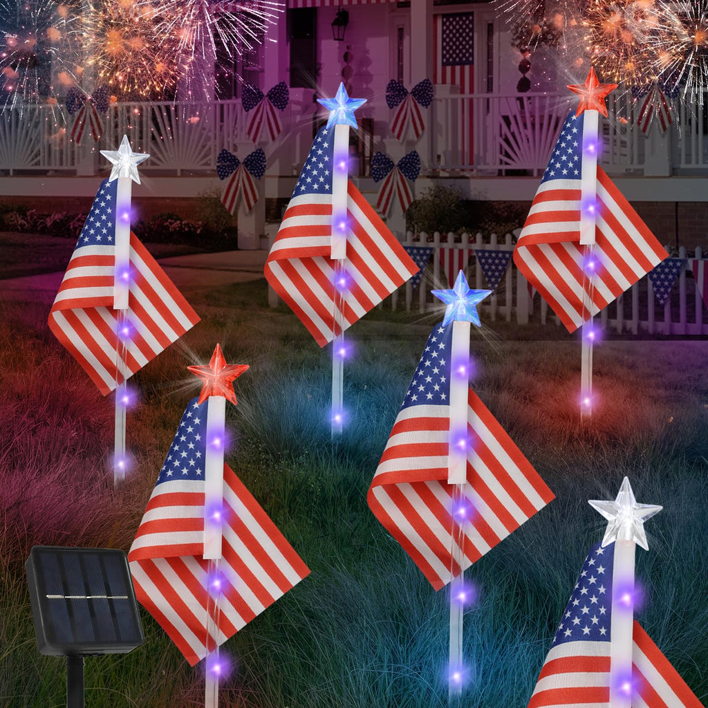 X-GiftKey 4th of July Decorations Outdoor American Flag Lights, 6-Pack Red White and Blue Solar Stars Lights with 6 USA Flags & 30LED,Bright Patriotic Pathway Lights for Memorial Day Yard Lawn Decor
