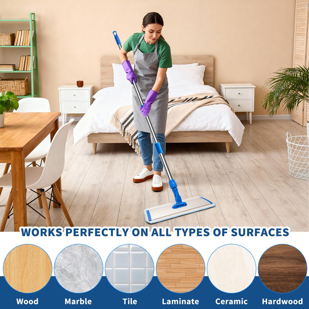 18" Professional Microfiber Mop Floor Cleaning, Flat Mop with Stainless Steel Handle,360-Spin Head with 2 Reusable Washable Pads, Microfiber Wet and Dust Mopping for Hardwood and Tile,Blue