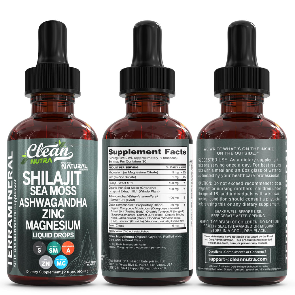 Clean Nutraceuticals Shilajit Liquid Drops with Sea Moss, Ashwagandha, Zinc, Magnesium, Liquid Vitamins for Women and Men - Terra Mineral