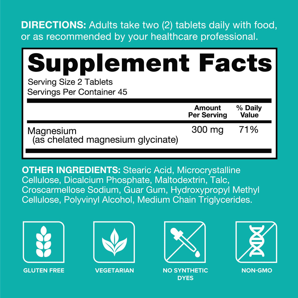 Qunol Magnesium Glycinate 300mg, 100% Glycinate Chelated Magnesium Supplement, 90ct Tablets