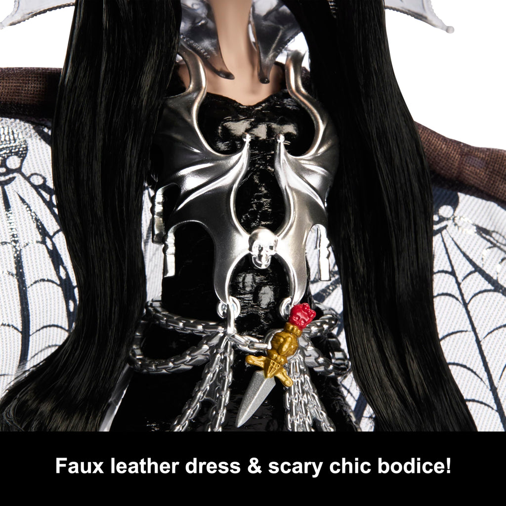 Monster High Doll, Elvira, Mistress of The Dark Collectible in Black Faux Leather Dress with Silvery Batwing Cape and Premium Accessories