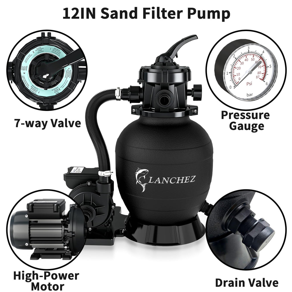 LANCHEZ Sand Filter Pump for Above Ground Pool, Pool Pumps Above Ground, Pool Sand Filter with 7-Way Valve, 12in