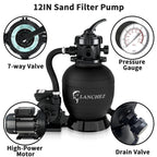LANCHEZ Sand Filter Pump for Above Ground Pool, Pool Pumps Above Ground, Pool Sand Filter with 7-Way Valve, 12in