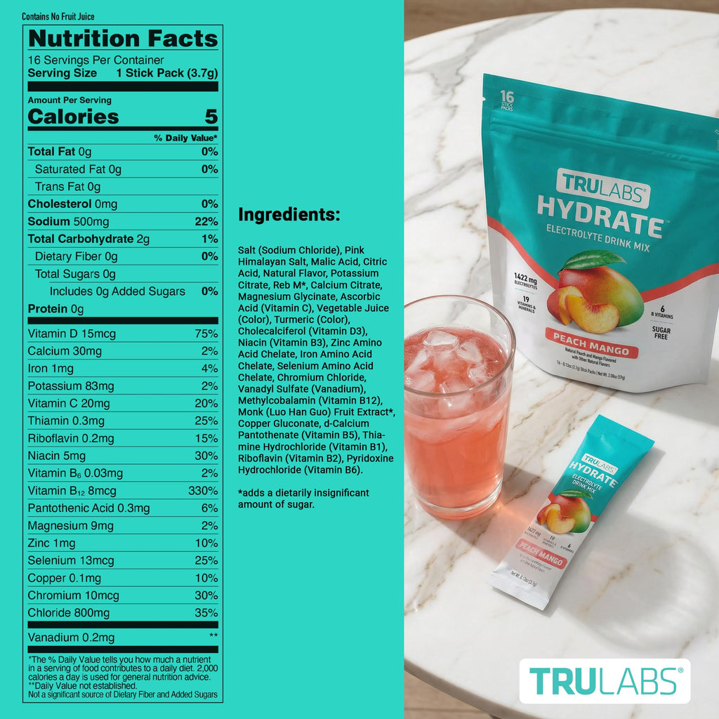 TRULABS Hydrate Electrolyte Drink Mix – Peach Mango Flavor, Sugar-Free Hydration Packets with 1422 mg Electrolytes & 19 Vitamins & Minerals, Monk Fruit Sweetened, On-the-Go Sticks (16 Count)