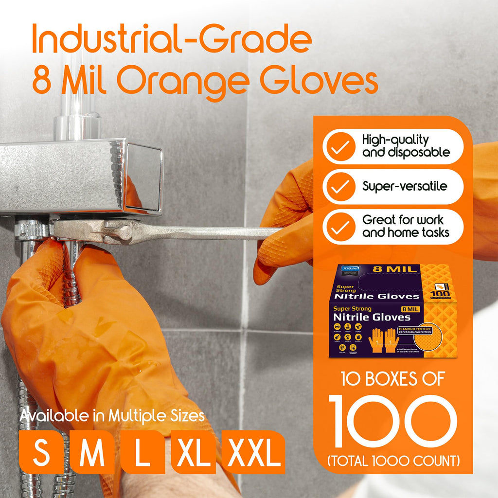 Inspire Heavy Duty Orange Nitrile Gloves | ULTRA 8 Mil Diamond Textured Grip | Industrial Mechanic Disposable Cleaning Gloves (1000, XXL)