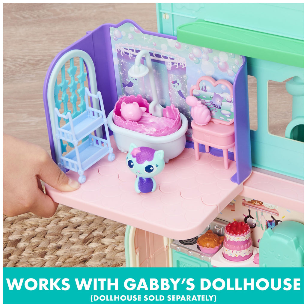 Gabby's Dollhouse, Primp and Pamper Bathroom with Mercat Figure, 3 Accessories, 3 Furniture and 2 Deliveries, Kids Toys for Ages 3 and up
