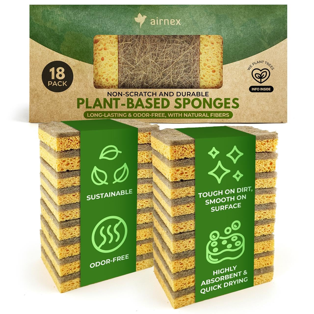 AIRNEX Natural Kitchen Sponges Pack of 18 - Biodegradable Cellulose and Coconut Husk Walnut Scrubbers - Odor Free Non Scratch - Eco Friendly Quick Drying Dishwashing Sponges