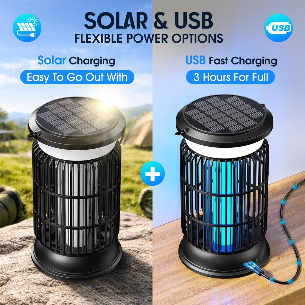 Solar Bug Zapper Outdoor Rechargeable Mosquito Zapper with Cordless Solar Power, Long Runtime Battery, Ip66 Waterproof Portable Fly Zapper for Garden Camping Travel Home